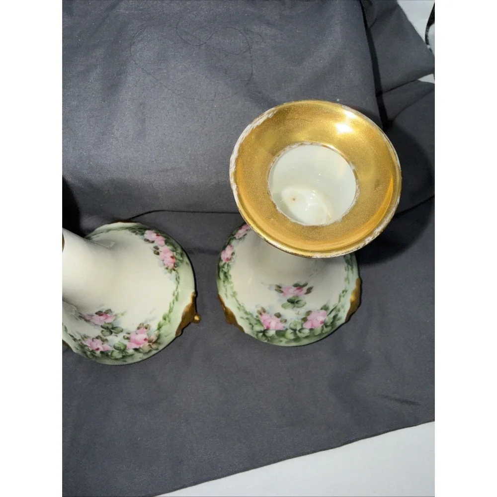 Limoges France Hand Painted Porcelain Candlesticks Gold Gilt Floral VTG Signed